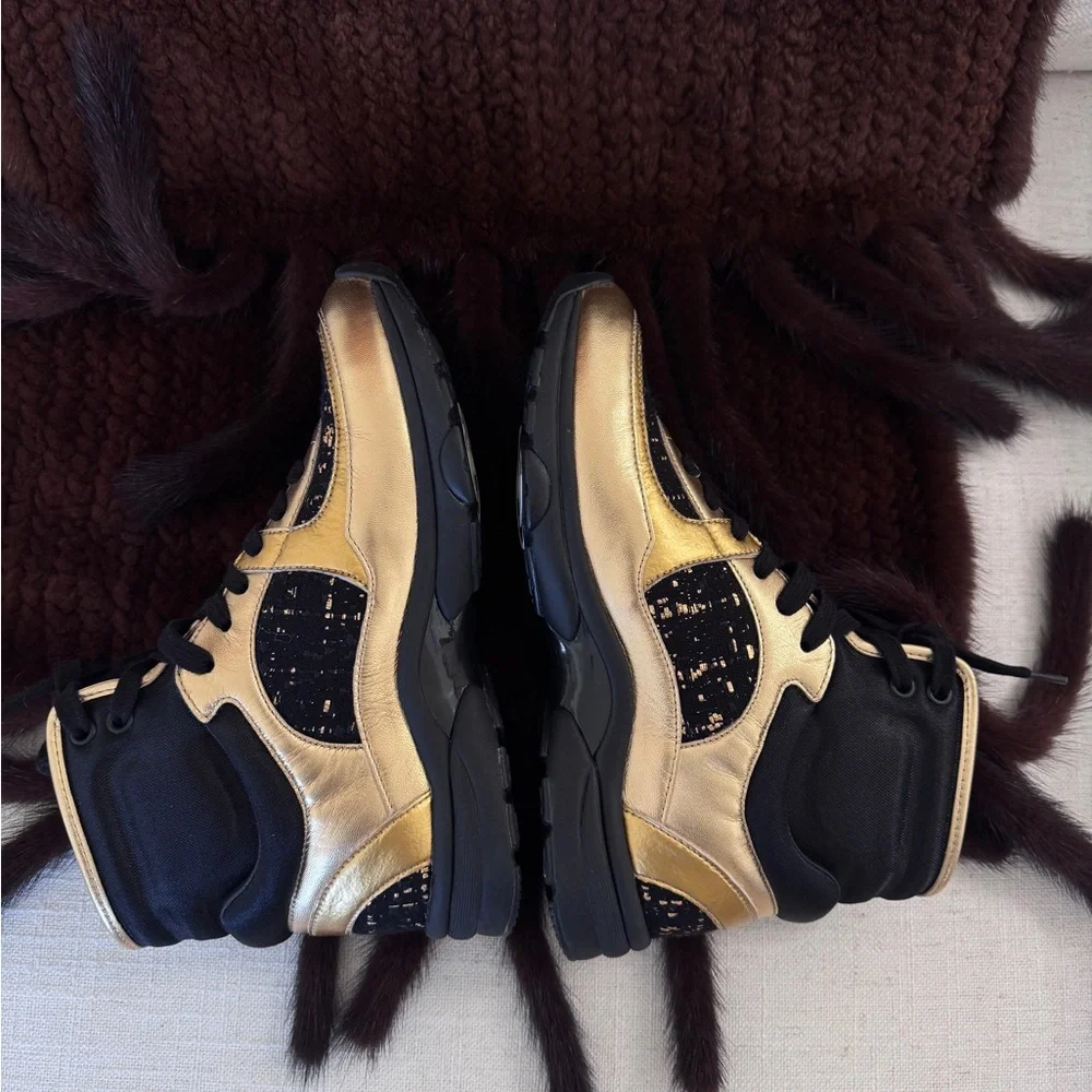 Chanel high top sneakers black and‎ gold with tweed Size 36 1/2